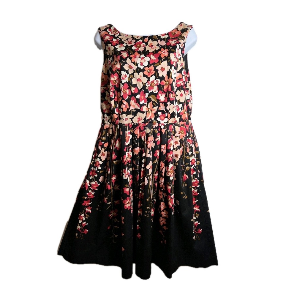 Talbots Sleeveless Pleated Dress Pockets Lined Black Pink Floral Flowers Size 8